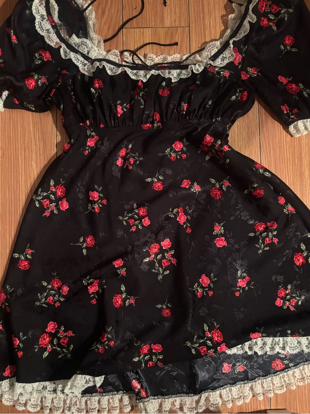 For Love And Lemons Black Dress with Red Rose Print and White Lace Trim - Picture 1 of 4
